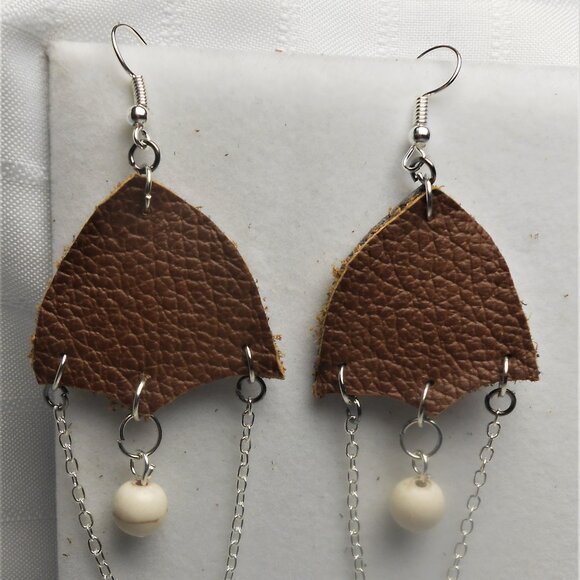 No.1138 Handmade earrings with leather pieces 2 1/2 inches long - Picture 4 of 4